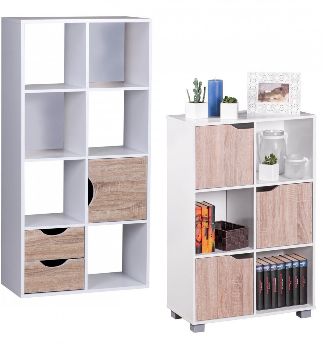 FineBuy Design Bücherregal MASSA Modern Holz Weiß mit Türen Sonoma Eiche Ablagefächer Standregal freistehend Größe wählbar