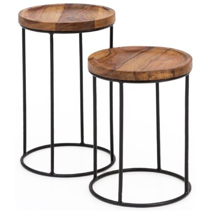 FineBuy Design Satztisch FB51458 Sheesham Metall Beistelltisch 2er Set klein, Couchtisch Set 2 Holz Tische, Massivholz Wohnzimmertisch Metallgestell, Schmaler Sofatisch Ablagetisch