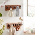 FineBuy Design Wandgarderobe Akazie Massivholz / Metall, Hakenleiste Flurgarderobe Wand, Garderobe Holz