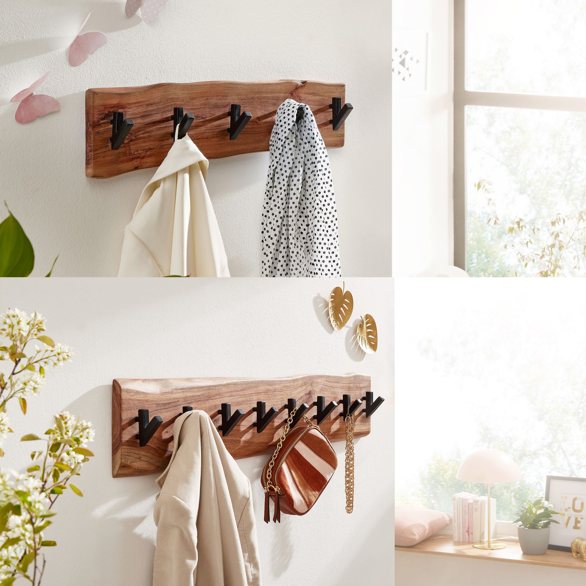 FineBuy Design Wandgarderobe Akazie Massivholz / Metall