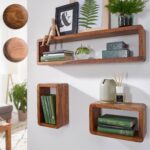 FineBuy Design Wandregal 3er Set Massiv Holzregale Landhausstil, Rustikales Wandregal-Set Holz, Hängeregal Viereckig Echtholz, Wand-Regale, Hängend Würfel, Regal Wandkästen Eckig