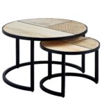 FineBuy Design Wohnzimmertisch 2er Set Mango / Rattan Beistelltisch Rund, Couchtisch Wiener Geflecht, Tischset 2-teilig mit Metallbeine, Satztisch Holz / Metall