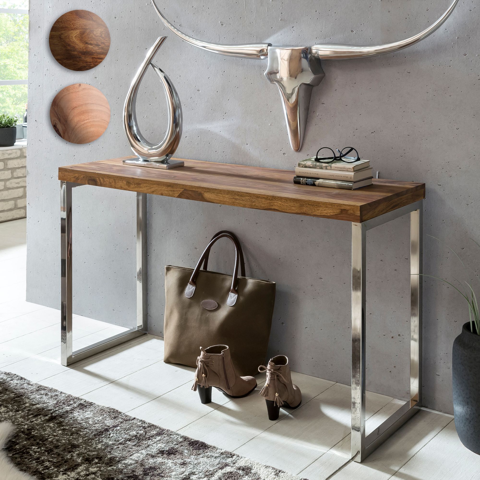 FineBuy Konsolentisch Massivholz Konsole mit Metallbeinen Schreibtisch 120 x 45 cm Landhaus-Stil Sideboard Modern Massiv dunkel-braun Echt-holz Natur FineBuy Konsolentisch Massivholz Konsole mit Metallbeinen Schreibtisch 120 x 45 cm Landhaus-Stil Sideboard Modern Massiv dunkel-braun Echt-holz Natur - Image 1