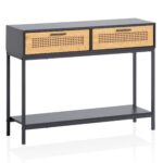 FineBuy Konsolentisch Schwarz 100x30x75 cm Design Anrichte Flur, Ablagetisch Schmal mit Wiener Geflecht, Flurtisch mit Schubladen und Ablage, Dielentisch Lang Hoch Rattan