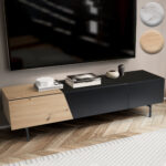 FineBuy Lowboard Schwarz 150x40x40 cm TV-Kommode, Design TV-Schrank Niedrig, Fernsehtisch Fernsehschrank mit Türen & Schublade, Fernsehkommode Wohnzimmer Modern