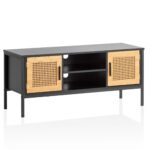 FineBuy Lowboard Schwarz / Eiche mit Wiener Geflecht 110x48x40 cm TV-Kommode Zeitlos, Design TV-Schrank Hoch, Fernsehtisch Fernsehschrank mit Türen, Fernsehkommode Wohnzimmer Rattan