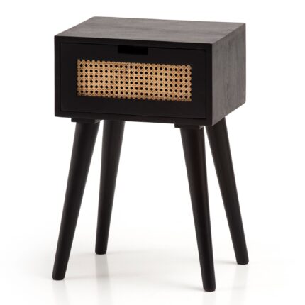 FineBuy Nachtkonsole Mango Massivholz / Rattan 40x60x30 cm Nachttisch Schwarz, Nachtkommode Boxspringbett mit Schublade Wiener Geflecht, Nachtkästchen mit Stauraum