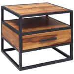 FineBuy Nachtkonsole Sheesham Holz 50x45x45 cm Metall schwarz Nachttisch, Nachtkästchen mit Schublade, Nachtkommode Bett, Nachtschrank Nachtkasten braun