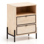 FineBuy Nachttisch Mango Massivholz / Metall 43x60x30 cm Nachtschrank Boxspringbett, Design Nachtkonsole Braun mit 2 Schubladen, Nachtkommode mit Stauraum & Metallgestell
