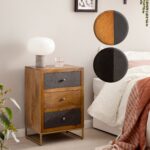 FineBuy Nachttisch Mango Massivholz / Steinoptik 40x60x30 cm Nachtschrank Boxspringbett, Design Nachtkonsole mit 3 Schubladen, Nachtkommode mit Stauraum & Metallgestell