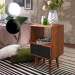 FineBuy Retro Nachtkonsole REPA Sheesham Holz Nachttisch mit Schublade 40 x 35 x 70 cm, Design Nachtkästchen Massiv für Boxspring, Großes Nachtschränkchen dunkelbraun Nako