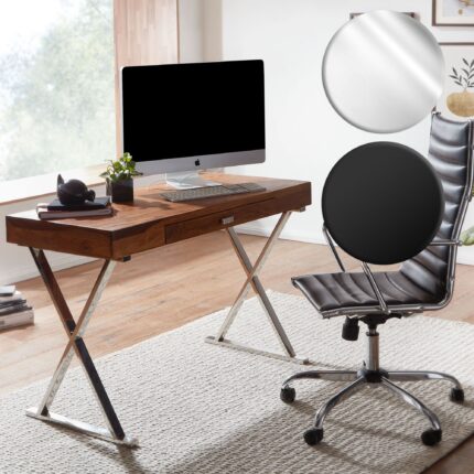 FineBuy Schreibtisch 120x55x78 cm Sheesham Massivholz / Metall, Design Bürotisch mit Schublade, HomeOffice Laptoptisch Computertisch mit Stauraum
