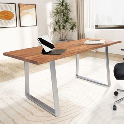 FineBuy Schreibtisch Akazie Massivholz / Metall Computertisch Baumkante, Homeoffice Bürotisch Massiv mit Trapezbeinen in Chrom, Holztisch Laptoptisch Arbeitszimmer