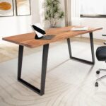 FineBuy Schreibtisch Akazie Massivholz / Metall Computertisch Baumkante, Homeoffice Bürotisch Massiv mit U-Beinen in Schwarz, Holztisch Laptoptisch Arbeitszimmer