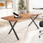 FineBuy Schreibtisch Akazie Massivholz / Metall Computertisch Baumkante, Homeoffice Bürotisch Massiv mit X-Beinen in Schwarz, Holztisch Laptoptisch Arbeitszimmer