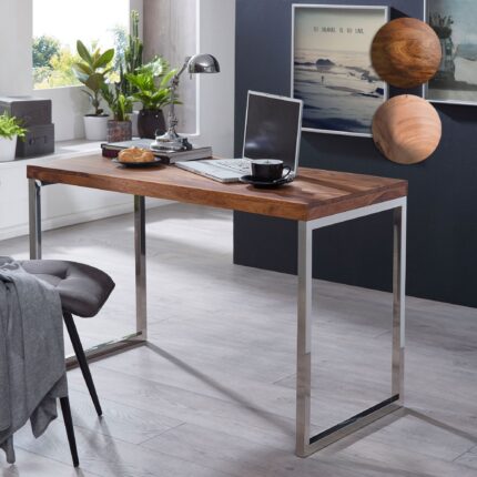 FineBuy Schreibtisch Massivholz Computertisch 120 x 60 cm Laptoptisch Landhaus Konsolentisch mit Metallbeinen Sheesham // Akazie