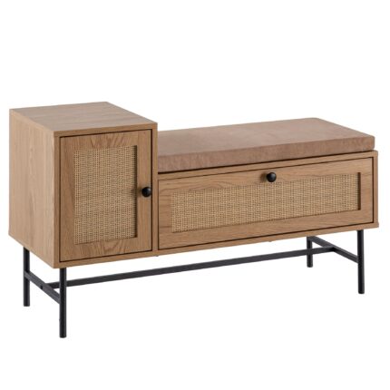 FineBuy Schuhbank mit Sitzfläche 100x60x38 cm Garderobenbank Eiche-Dekor, Sitzbank Rattan Klein Gepolstert, Bank Schmal Flur mit Stauraum, Flurbank Flurmöbel mit Schublade und Tür