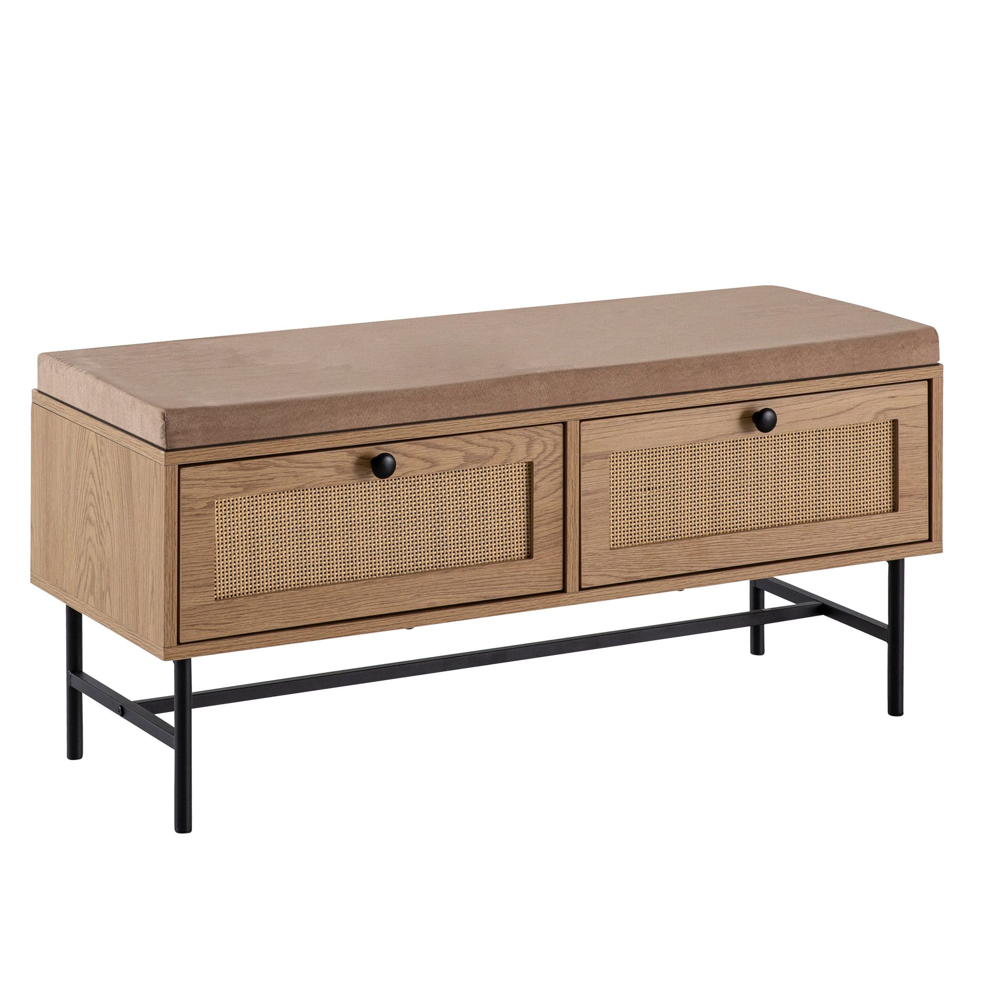 FineBuy Schuhbank mit Stoff-Sitzfläche 100x48x38 cm Garderobenbank Eiche-Dekor FineBuy Schuhbank mit Stoff-Sitzfläche 100x48x38 cm Garderobenbank Eiche-Dekor, Sitzbank Rattan Klein Gepolstert, Bank Schmal Flur mit Stauraum, Flurbank Flurmöbel mit Schubladen - Image 1