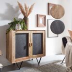 FineBuy Sideboard 80x75x35 cm Mango Massivholz / Stein-Optik Anrichte, Kommode mit 2 Türen, Kleiner Kommodenschrank Holz Massiv, Standschrank Mehrzweckkommode mit Metallgestell