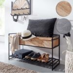 FineBuy Sitzbank mit Stauraum 90x52x38 cm Mango Massivholz / Metall Flurbank, Schuhbank mit Sitzfläche Klein, Schmale Garderobenbank mit Schuhregal