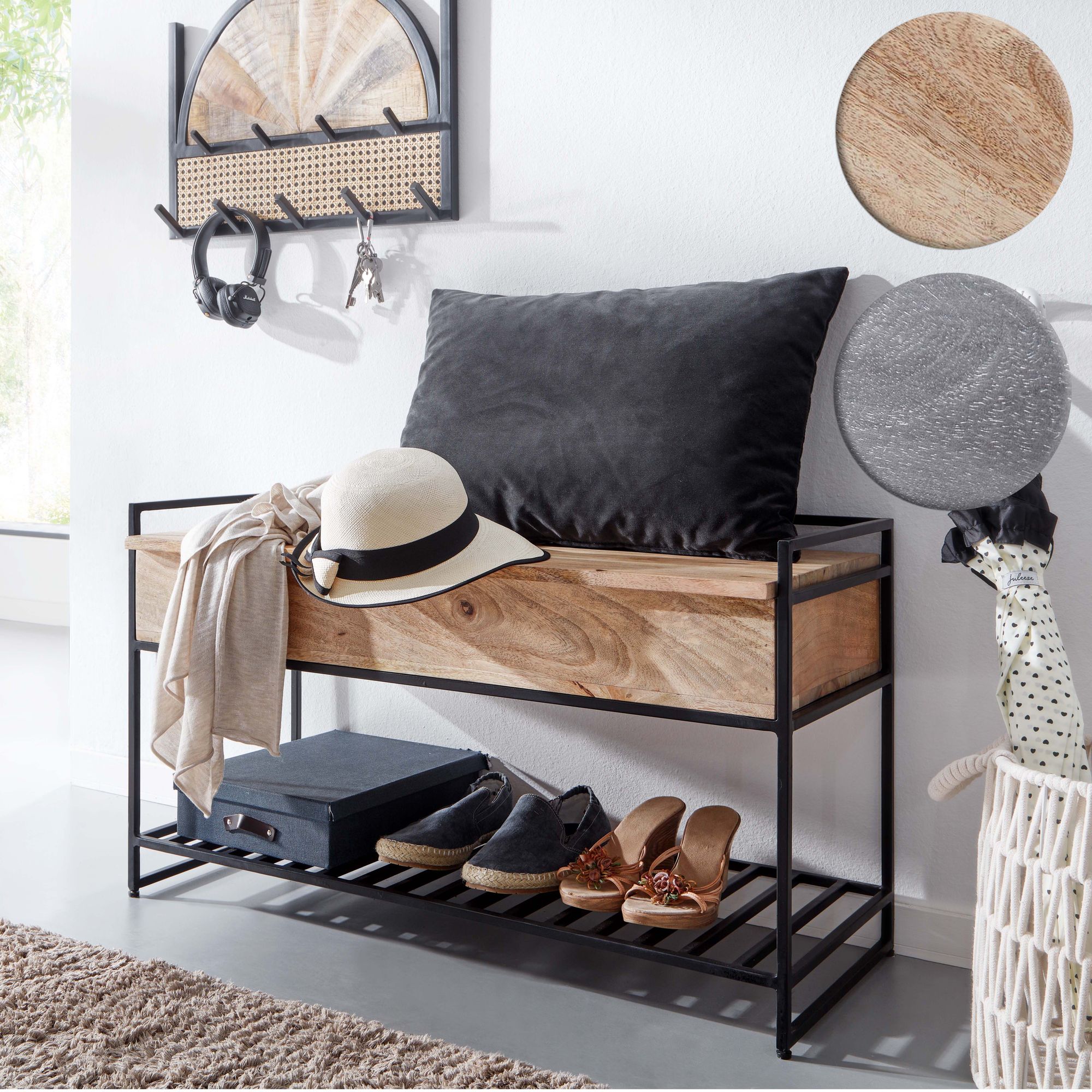 FineBuy Sitzbank mit Stauraum 90x52x38 cm Mango Massivholz / Metall Flurbank, Schuhbank mit Sitzfläche Klein, Schmale Garderobenbank mit Schuhregal