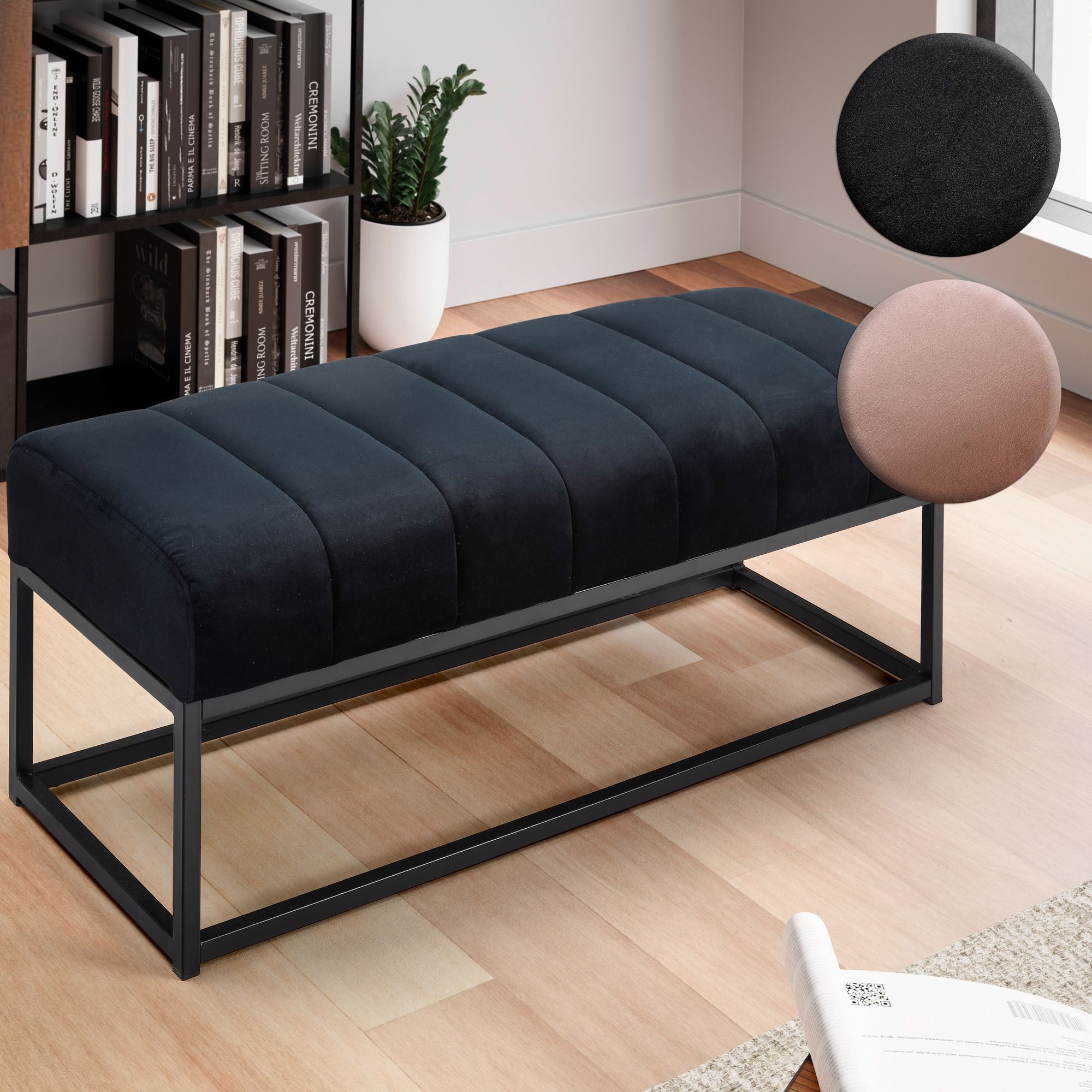 FineBuy Sitzbank Samt 108x40x40 cm Flur Polsterbank mit Metallgestell