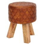 FineBuy Sitzhocker Echtleder / Massivholz 35x46x35 cm Modern Fußhocker Rund, Turnbock Lederhocker Braun, Kleiner Hocker Gepolstert, Holzhocker mit Leder-Bezug