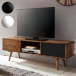 FineBuy TV Lowboard REPA 140 cm Massiv-Holz Sheesham Landhaus 2 Türen & Fach, HiFi Regal 4 Füße, Fernseher Kommode Vintage