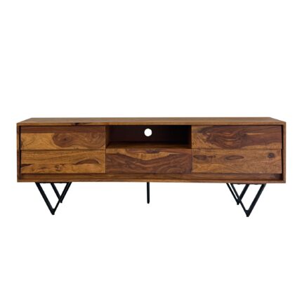 FineBuy TV Lowboard Sheesham Massivholz 160 cm, Fernsehtisch mit Türen, Schublade, offenem Fach & Kabeldurchlass, TV Board mit 3D Fronten & schwarzen Metallfüßen im Industrial Design
