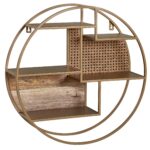 FineBuy Wandregal Rattan 62x62x17 cm Hängeregal Massivholz / Metall Industrial, Schweberegal Wiener Geflecht Rund Wand, Regal Hängend Offen Wohnzimmer