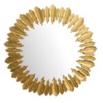 FineBuy Wandspiegel Federn 68 cm Metall Design Hängespiegel Gold, Eisen Dekospiegel Rund, Spiegel Wand Groß, Flurspiegel Garderobenspiegel Modern