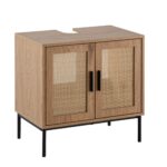 FineBuy Waschbeckenunterschrank Eiche-Optik 60x60x40 cm mit Türen, Badezimmerschrank mit Rattangeflecht, Unterschrank Stehend, Badschrank Midischrank Klein Waschtisch