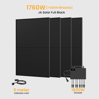 Growatt Balkonkraftwerk Set, 1760/1780Wp Bifaziale Solarmodule, 1600W Wechselrichter - 4 x 440Wp Bifaziale Full Black / Abholung Weinheim