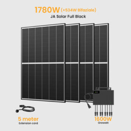 Growatt Balkonkraftwerk Set, 1760/1780Wp Bifaziale Solarmodule, 1600W Wechselrichter - 4 x 445Wp Bifaziale Black Frame / Versand