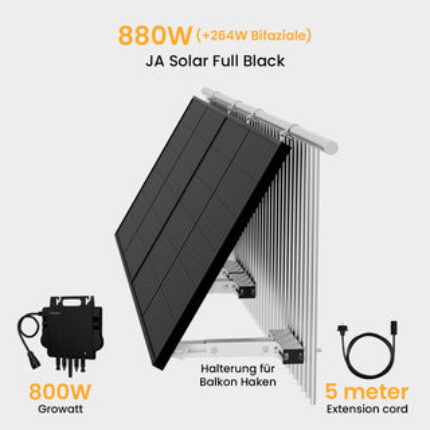 Growatt Balkonkraftwerk Set, 880Wp Bifaziale Solarmodule, 800W Wechselrichter Sonderangebot - 2 x 440Wp Bifaziale Full Black / mit Halterung Balkonkraftwerk Balkon Haken(runder Haken) / Selbstabholung