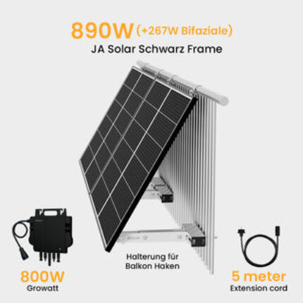 Growatt Balkonkraftwerk Set, 880Wp Bifaziale Solarmodule, 800W Wechselrichter Sonderangebot - 2 x 445Wp Bifaziale Black Frame / mit Halterung Balkonkraftwerk Balkon Haken(runder Haken) / Selbstabholung