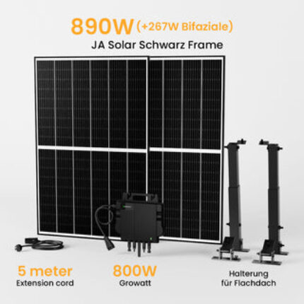 Growatt Balkonkraftwerk Set, 880Wp Bifaziale Solarmodule, 800W Wechselrichter Sonderangebot - 2 x 445Wp Bifaziale Black Frame / mit Halterung Balkonkraftwerk für Flachdach / Selbstabholung