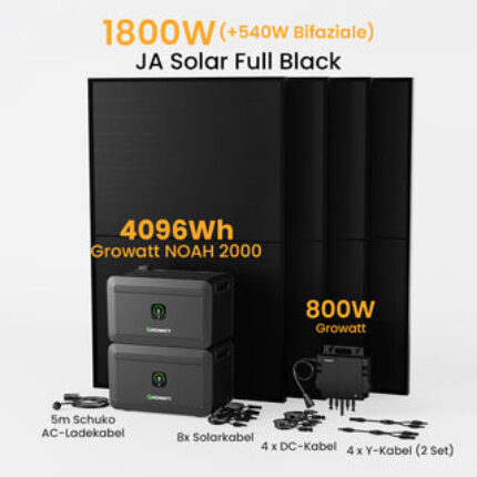 Growatt NOAH 2000 Balkonkraftwerk mit Speicher, 2048/4096/6144/8192Wh, 890/1000/1780/2000W Bifaziale Solarmodule - 4096Wh Batterie Speicher + 4 x 450W Bifaziale Solarmodule + 800W Wechselrichter / Powerness Express (Versandkosten werden bei der Kasse berechnet)