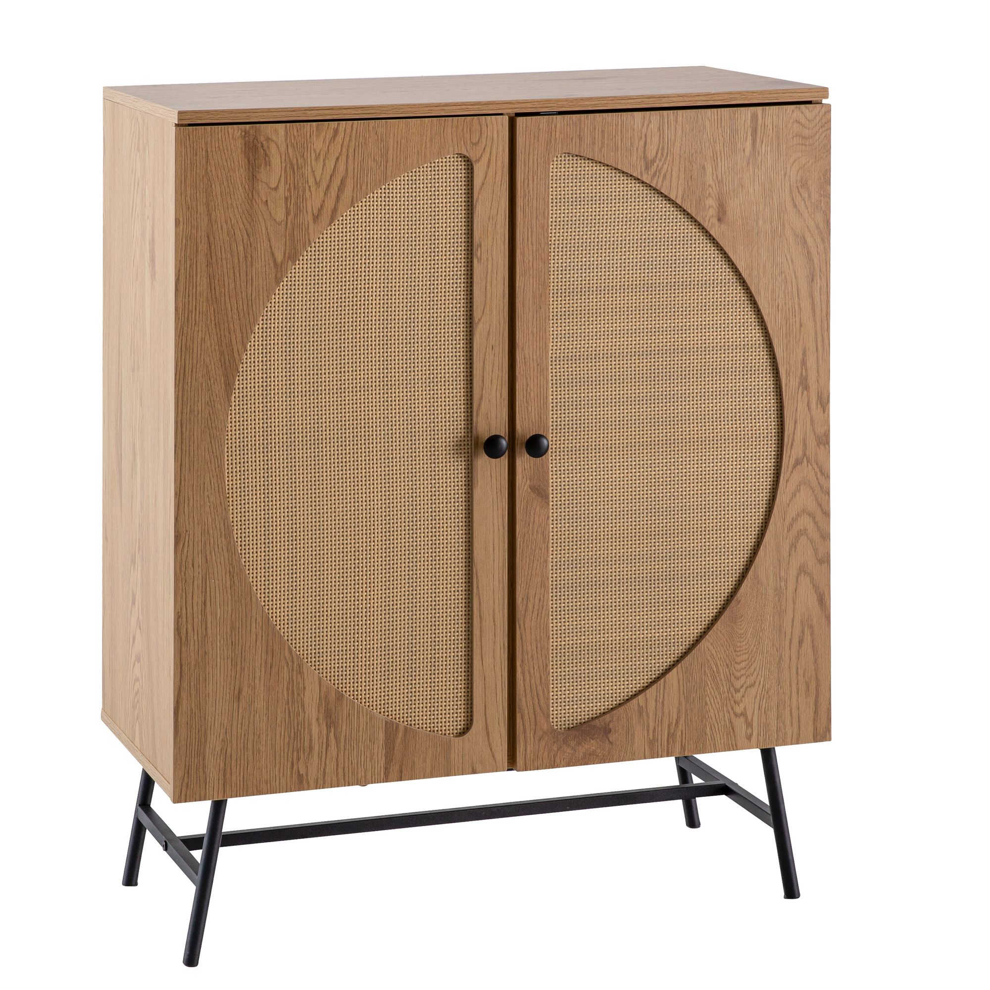 Kommode in Eiche Dekor 80 cm Sideboard mit 2 Türen aus Wiener Rattan Geflecht Design Highboard