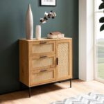 Kommode in Eiche Dekor 80 cm Sideboard mit 3 Schubladen & 1 Tür aus Wiener Rattan Geflecht Design Highboard - Schubladenkommode